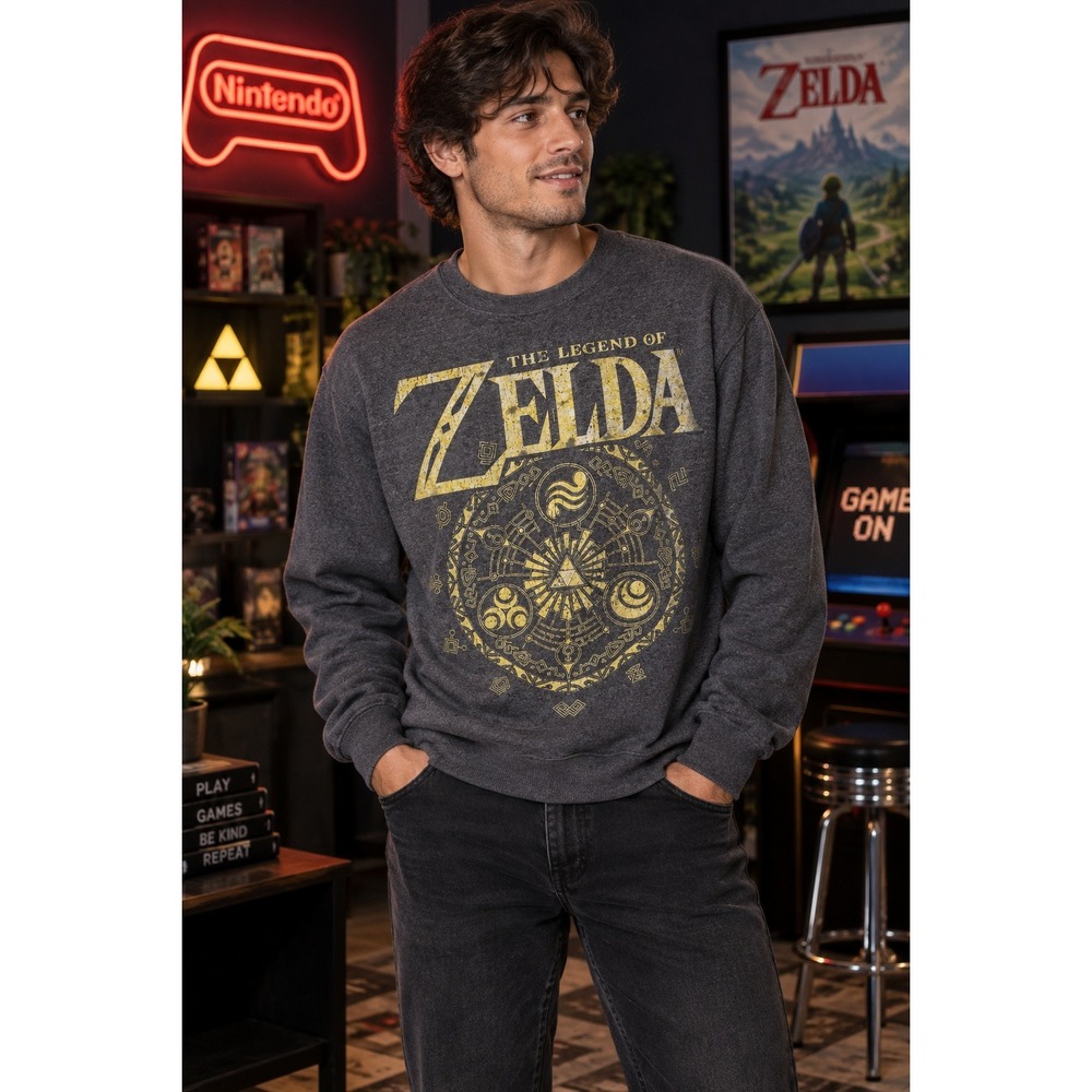 Nintendo The Legend of Zelda Sweatshirt Mens Medium Gray Gold Graphic Crewneck